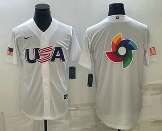 Men%27s USA Baseball 2023 White World Baseball Big Logo With Patch Classic Replica Stitched Jersey